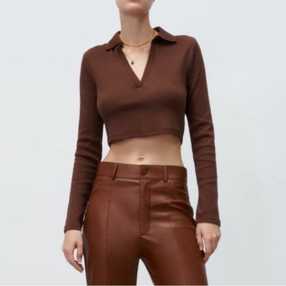 Zara Tops - Zara Brown Long Sleeve Crop Polo Top